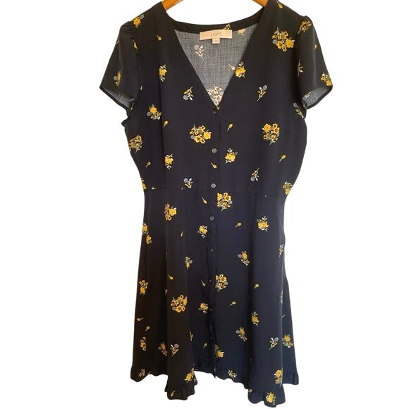 Loft Cottage Core Floral Button Up Cap Sleeve Mini Dress Blue & Yellow Size 8 - Picture 1 of 7